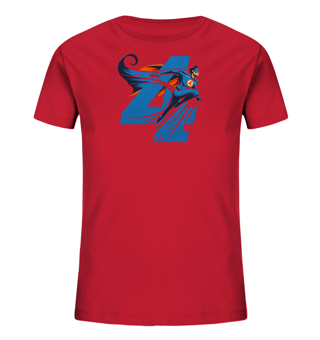 Onlineshop Shirts fuer Kinder - Das rote Kinder-T-Shirt zeigt ein dynamisches Motiv mit der grossen blauen Zahl Vier. Davor springt eine Figur in einem blauen Superheldenkostuem mit einem roten Cape und einem Symbol auf der Brust. Das Design wirkt actionreich und farbenfroh, ideal fuer junge Fans von Abenteuern.