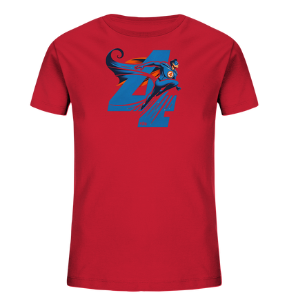 Onlineshop Shirts fuer Kinder - Das rote Kinder-T-Shirt zeigt ein dynamisches Motiv mit der grossen blauen Zahl Vier. Davor springt eine Figur in einem blauen Superheldenkostuem mit einem roten Cape und einem Symbol auf der Brust. Das Design wirkt actionreich und farbenfroh, ideal fuer junge Fans von Abenteuern.