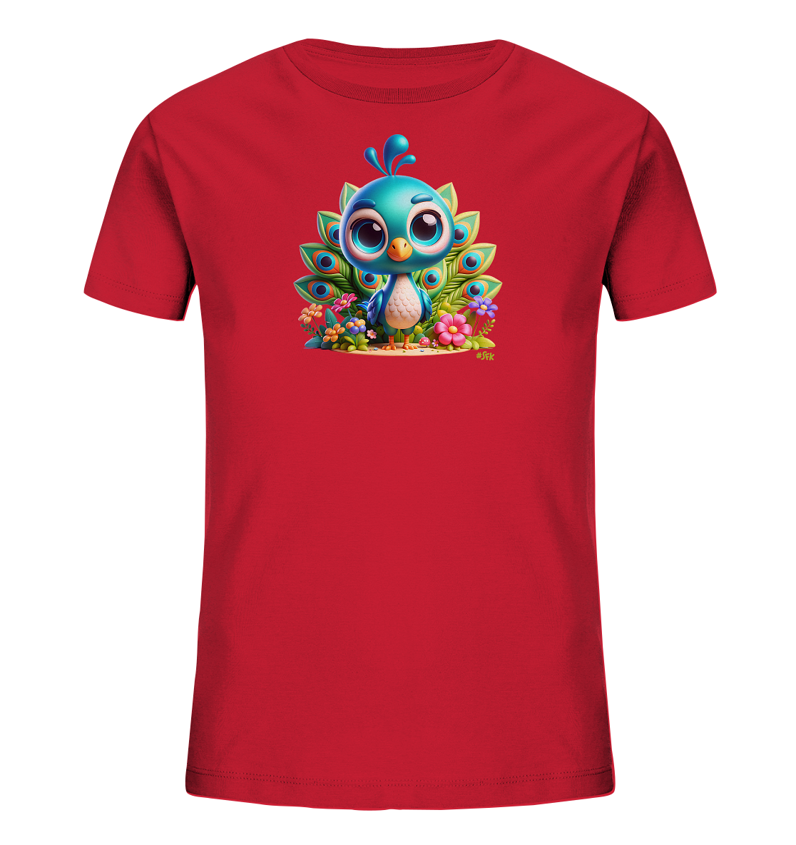 Onlineshop Shirts fuer Kinder - Das Bild zeigt ein leuchtend rotes T-Shirt fuer Kinder mit einem detaillierten Aufdruck in der Mitte. Der Druck zeigt einen niedlichen, stilisierten blauen Pfau mit aufgestellten Federn, der in einer floralen Umgebung sitzt. Um den Pfau herum befinden sich gruene Blaetter und verschiedene bunte Blumen. Dieses Design wirkt verspielt und farbenfroh.