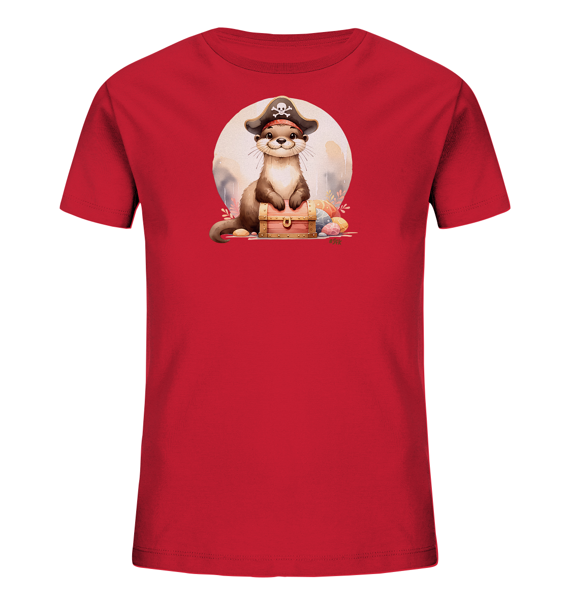 Onlineshop Shirts fuer Kinder - Das Bild zeigt ein rotes T-Shirt fuer Kinder mit einem farbenfrohen Druckmotiv auf der Vorderseite. Abgebildet ist ein niedlicher Otter, der einen Piratenhut traegt und auf einer Schatzkiste sitzt. Um die Kiste herum sind bunte Ostereier und Pflanzen arrangiert, mit einem hellen Kreis im Hintergrund. Das Design wirkt verspielt und abenteuerlich.