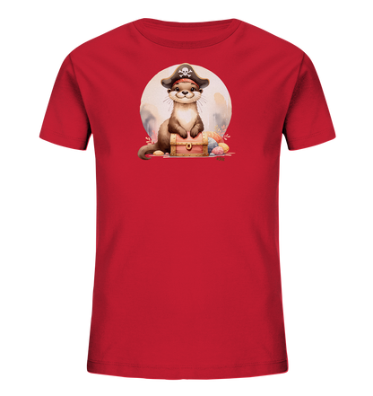 Onlineshop Shirts fuer Kinder - Das Bild zeigt ein rotes T-Shirt fuer Kinder mit einem farbenfrohen Druckmotiv auf der Vorderseite. Abgebildet ist ein niedlicher Otter, der einen Piratenhut traegt und auf einer Schatzkiste sitzt. Um die Kiste herum sind bunte Ostereier und Pflanzen arrangiert, mit einem hellen Kreis im Hintergrund. Das Design wirkt verspielt und abenteuerlich.