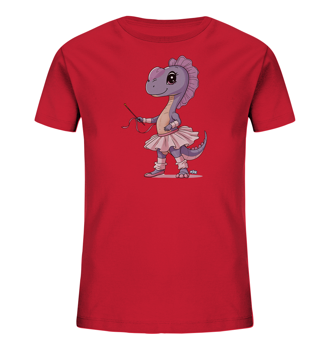 Onlineshop Shirts fuer Kinder - Das Bild zeigt ein rotes Kinder-T-Shirt mit einem niedlichen Aufdruck eines Dinosauriers. Der lila Dinosaurier traegt ein pinkes Ballettkostuem und haelt einen Stab mit Band. Das Design ist farbenfroh und verspielt, ideal fuer kleine Dino-Fans.