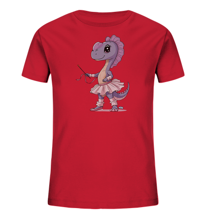 Onlineshop Shirts fuer Kinder - Das Bild zeigt ein rotes Kinder-T-Shirt mit einem niedlichen Aufdruck eines Dinosauriers. Der lila Dinosaurier traegt ein pinkes Ballettkostuem und haelt einen Stab mit Band. Das Design ist farbenfroh und verspielt, ideal fuer kleine Dino-Fans.