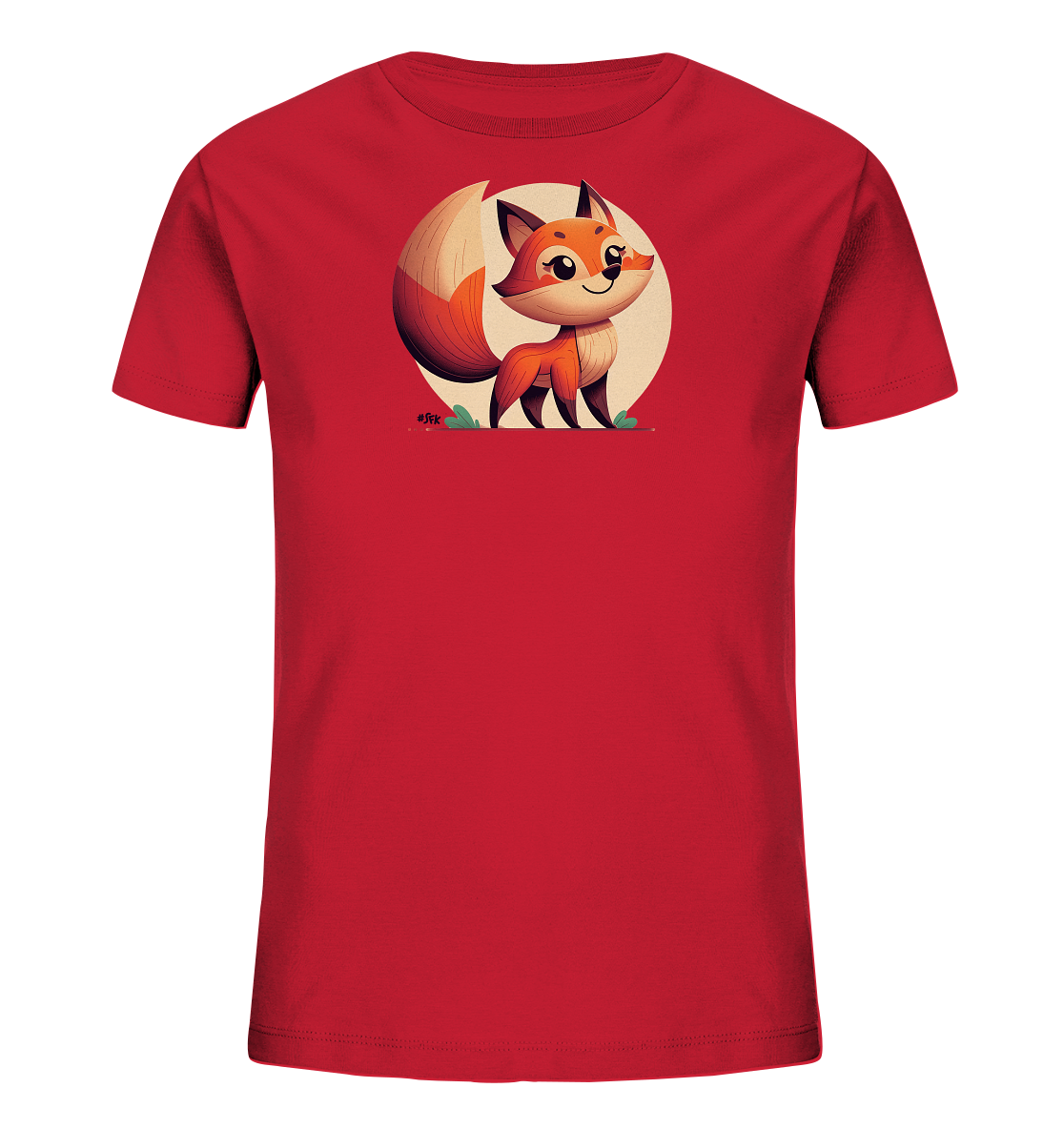 Onlineshop Shirts fuer Kinder - Das Bild zeigt ein rotes T-Shirt fuer Kinder. Auf der Vorderseite ist ein charmantes Comic-Motiv eines Fuchses zu sehen. Der Fuchs steht vor einem hellen Kreis und hat einen freundlichen Ausdruck. Das Design ist farbenfroh und ansprechend fuer Kinder.