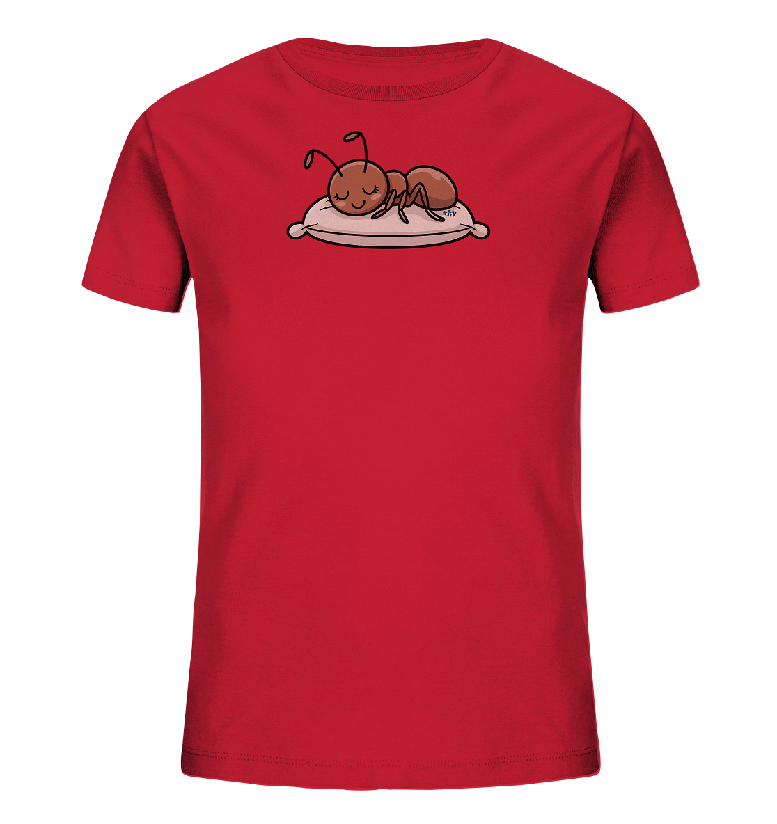 Onlineshop Shirts fuer Kinder - Das Bild praesentiert ein rotes T-Shirt fuer Kinder. Auf der Vorderseite ist eine niedliche, braune Ameise abgebildet, die friedlich auf einem hellen Kissen schlaeft. Die Ameise hat geschlossene Augen und eine entspannte Koerperhaltung. Das Motiv verleiht dem Shirt eine ruhige und verspielte Note.