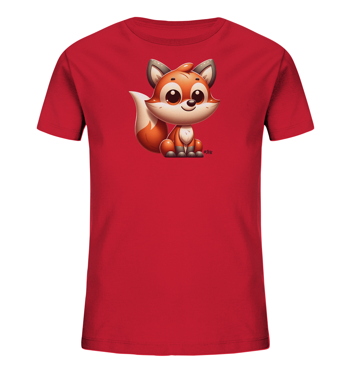 Onlineshop Shirts fuer Kinder - Das Bild zeigt ein rotes T-Shirt fuer Kinder. Auf der Vorderseite ist eine niedliche, cartoonartige Illustration eines sitzenden Fuchses zu sehen. Der Fuchs hat grosse Augen, ein freundliches Laecheln und einen buschigen Schwanz. Das Design ist verspielt und farbenfroh gestaltet.
