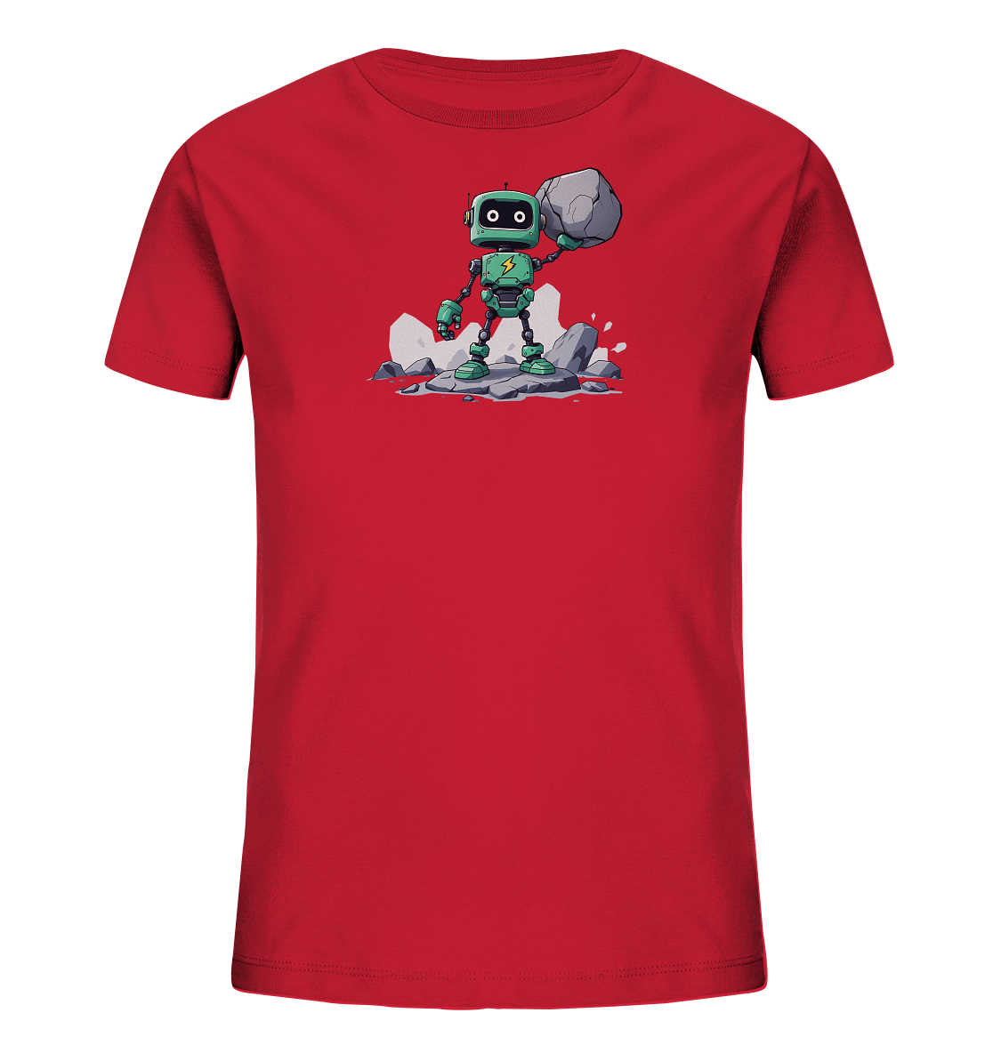 Onlineshop Shirts für Kinder - Das Bild zeigt ein rotes Kinder-T-Shirt mit einem zentralen Motiv eines grünen Roboters. Der Roboter steht auf einem Haufen grauer Felsen und hält einen großen Stein über seinem Kopf in die Höhe. Er hat quadratische Augen und eine gelbe Blitz-Grafik auf seiner Brust. Das Design wirkt dynamisch und zeigt den Roboter in einer kraftvollen Pose, umgeben von spritzendem Wasser und zerbrochenen Felsen.