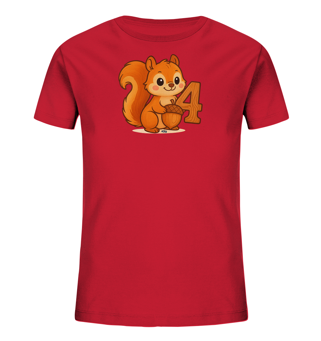 Onlineshop Shirts fuer Kinder - Das Bild zeigt ein rotes Kinder-T-Shirt mit einem niedlichen Eichhoernchen-Motiv auf der Vorderseite. Das Eichhoernchen haelt eine Eichel in den Pfoten und sitzt neben der Zahl '4', die in einem hellbraunen Holz-Look gestaltet ist. Das Design ist farbenfroh und froehlich, ideal fuer ein Kinder-T-Shirt.