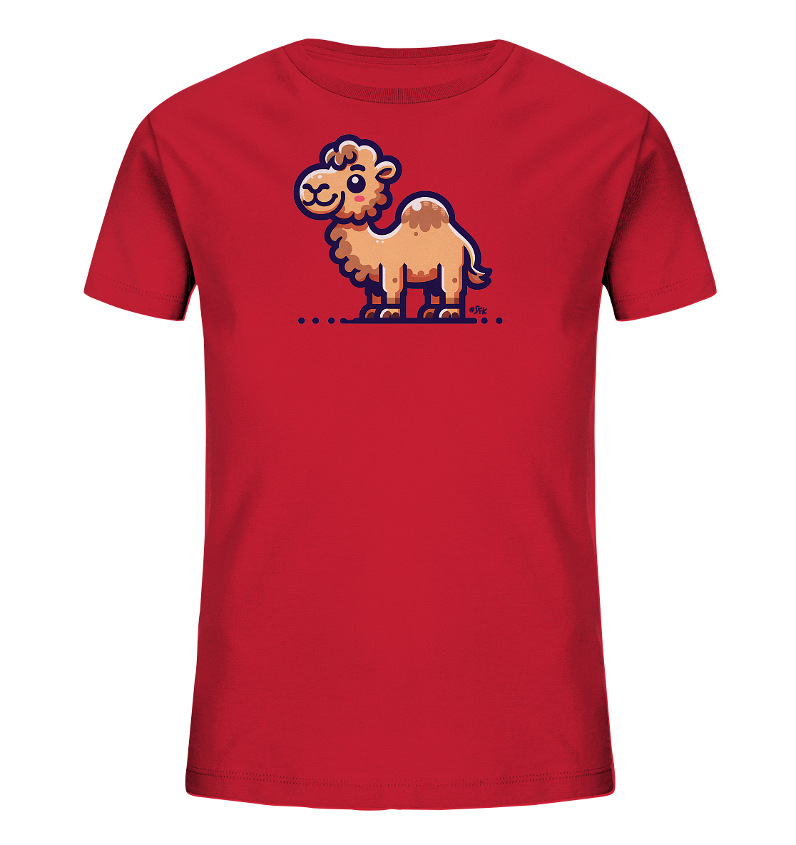 Onlineshop Shirts fuer Kinder - Das rote Kinder T-Shirt zeigt eine niedliche Cartoon-Illustration eines Kamels auf der Vorderseite. Das hellbraune Kamel hat grosse Augen, laechelt freundlich und steht auf einem Untergrund aus blauen Punkten. Die Illustration ist detailreich mit dunkleren Hufen und Hoeckern gestaltet. Es ist ein froehliches und kindgerechtes Design.