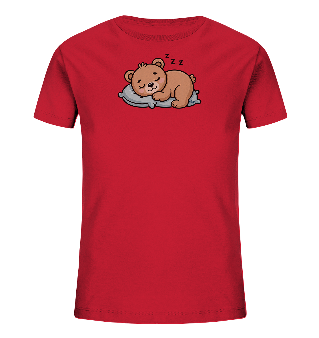 Onlineshop Shirts fuer Kinder - Das Bild zeigt ein rotes T-Shirt fuer Kinder. Auf der Vorderseite ist eine niedliche, cartoonartige Illustration eines schlafenden Baeren zu sehen. Der hellbraune Baer liegt friedlich auf einem grauen Kissen, mit geschlossenen Augen und Zzz-Symbolen ueber seinem Kopf. Das Motiv verleiht dem Shirt einen gemuetlichen und verspielten Charakter.
