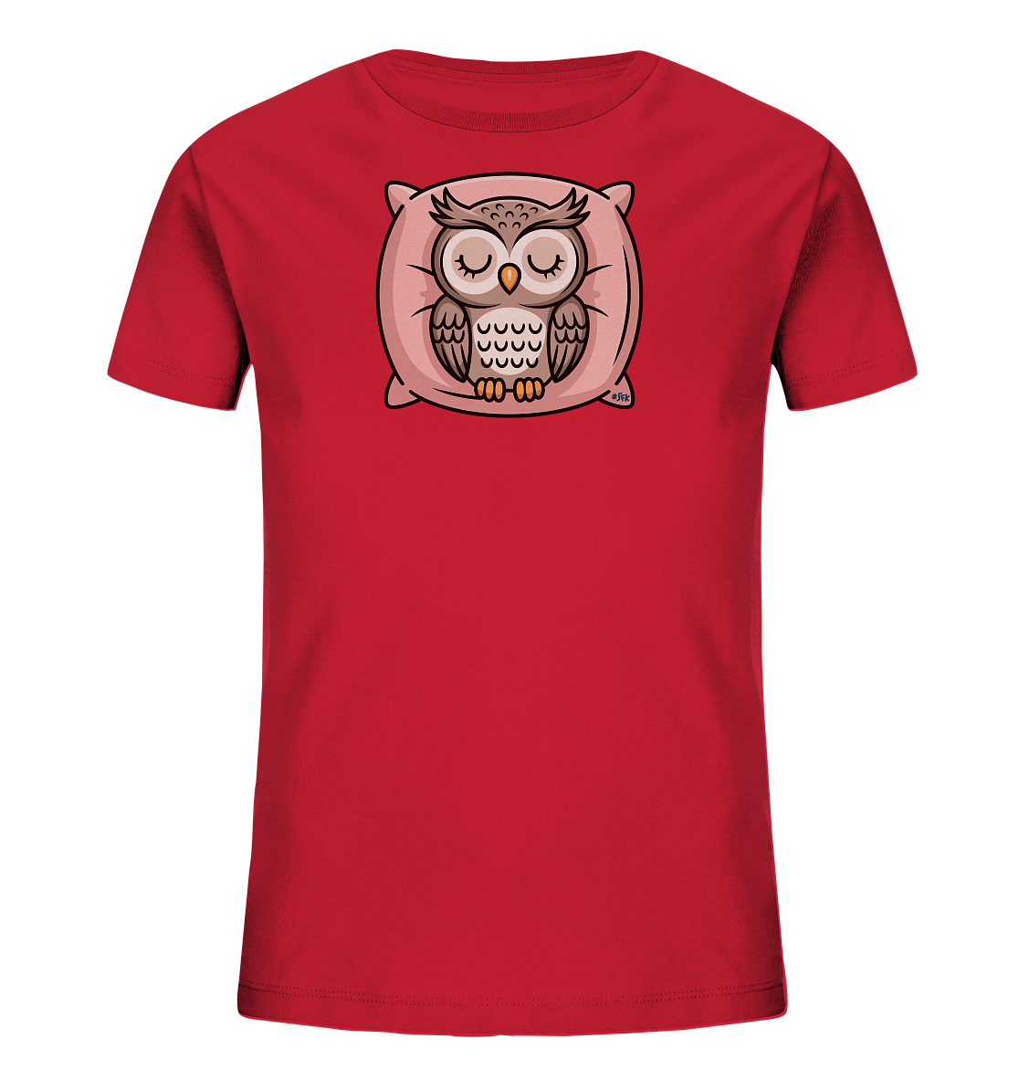 Onlineshop Shirts fuer Kinder - Das rote T-Shirt zeigt eine niedliche Eule, die gemuetlich auf einem rosa Kissen schlaeft. Die Eule hat geschlossene Augen und ist in braunen sowie beigen Toenen gehalten. Das Motiv ist zentriert auf der Vorderseite des Shirts platziert. Dieses Design verleiht dem T-Shirt einen beruhigenden und ansprechenden Charakter fuer Kinder.