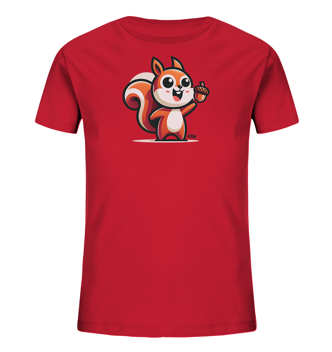 Onlineshop Shirts fuer Kinder - Das Bild zeigt ein rotes T-Shirt fuer Kinder mit einer niedlichen Eichhoernchen-Illustration auf der Vorderseite. Das Eichhoernchen ist orange und weiss, steht aufrecht und laechelt freundlich. Es haelt eine Eichel in einer seiner Pfoten. Das Design wirkt froehlich und verspielt.