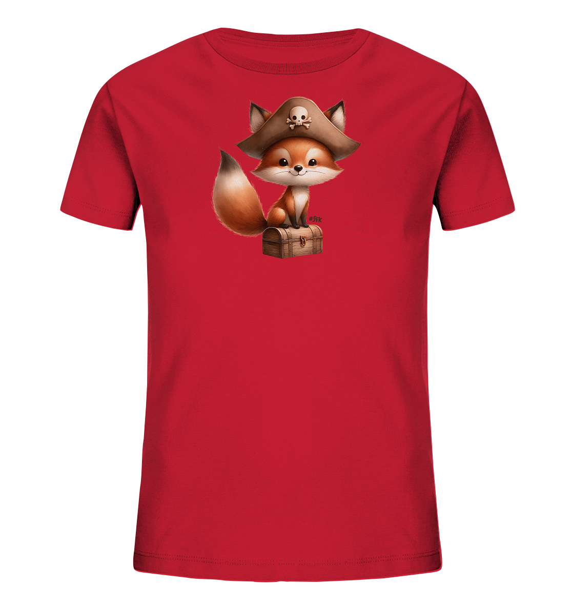 Onlineshop Shirts fuer Kinder - Das Bild zeigt ein rotes T-Shirt fuer Kinder mit einem charmanten Druck auf der Vorderseite. Darauf zu sehen ist ein niedlicher Fuchs, der eine Piratenmuetze mit Totenkopf traegt. Der Fuchs sitzt auf einer kleinen, detailreichen Schatzkiste. Das Design ist verspielt und faengt das Thema Abenteuer ein.