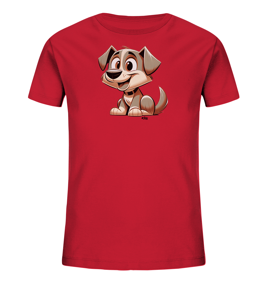 Onlineshop Shirts fuer Kinder - Das Bild zeigt ein rotes Kinder-T-Shirt mit einer freundlichen Cartoon-Illustration eines Hundes. Der Hund hat braunes und graues Fell, sitzt aufrecht und laechelt mit grossen, ausdrucksstarken Augen. Das detailreiche Design verleiht dem Shirt einen verspielten und froehlichen Charakter.