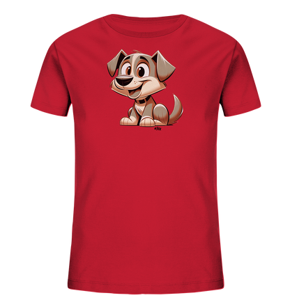 Onlineshop Shirts fuer Kinder - Das Bild zeigt ein rotes Kinder-T-Shirt mit einer freundlichen Cartoon-Illustration eines Hundes. Der Hund hat braunes und graues Fell, sitzt aufrecht und laechelt mit grossen, ausdrucksstarken Augen. Das detailreiche Design verleiht dem Shirt einen verspielten und froehlichen Charakter.