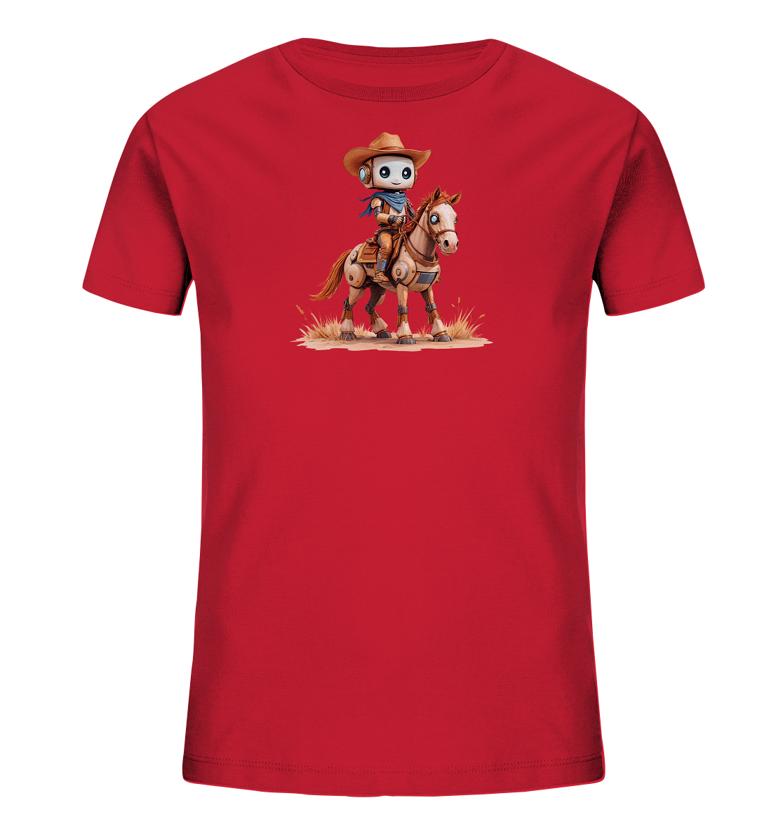Onlineshop Shirts für Kinder - Das Bild zeigt ein rotes Kinder-T-Shirt mit einem auffälligen Aufdruck auf der Vorderseite. Der Aufdruck stellt einen cartoonartigen Roboter im Cowboy-Outfit dar, komplett mit Hut und Halstuch, der auf einem mechanisch aussehenden Pferd reitet. Die Illustration ist detailliert und zeigt das Paar in einer Umgebung, die an eine Prärie erinnert, mit trockenem Gras und Staub. Das Motiv ist zentral auf dem Shirt platziert und zieht sofort die Aufmerksamkeit auf sich.