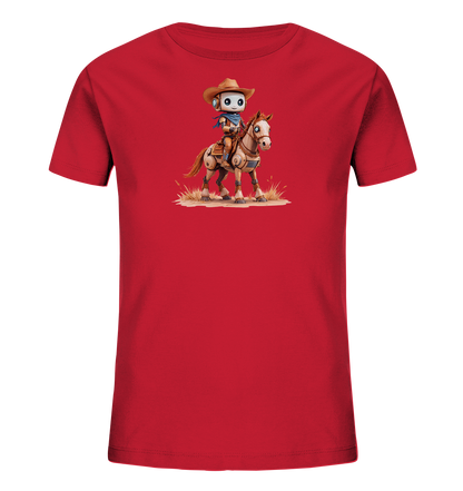 Onlineshop Shirts für Kinder - Das Bild zeigt ein rotes Kinder-T-Shirt mit einem auffälligen Aufdruck auf der Vorderseite. Der Aufdruck stellt einen cartoonartigen Roboter im Cowboy-Outfit dar, komplett mit Hut und Halstuch, der auf einem mechanisch aussehenden Pferd reitet. Die Illustration ist detailliert und zeigt das Paar in einer Umgebung, die an eine Prärie erinnert, mit trockenem Gras und Staub. Das Motiv ist zentral auf dem Shirt platziert und zieht sofort die Aufmerksamkeit auf sich.