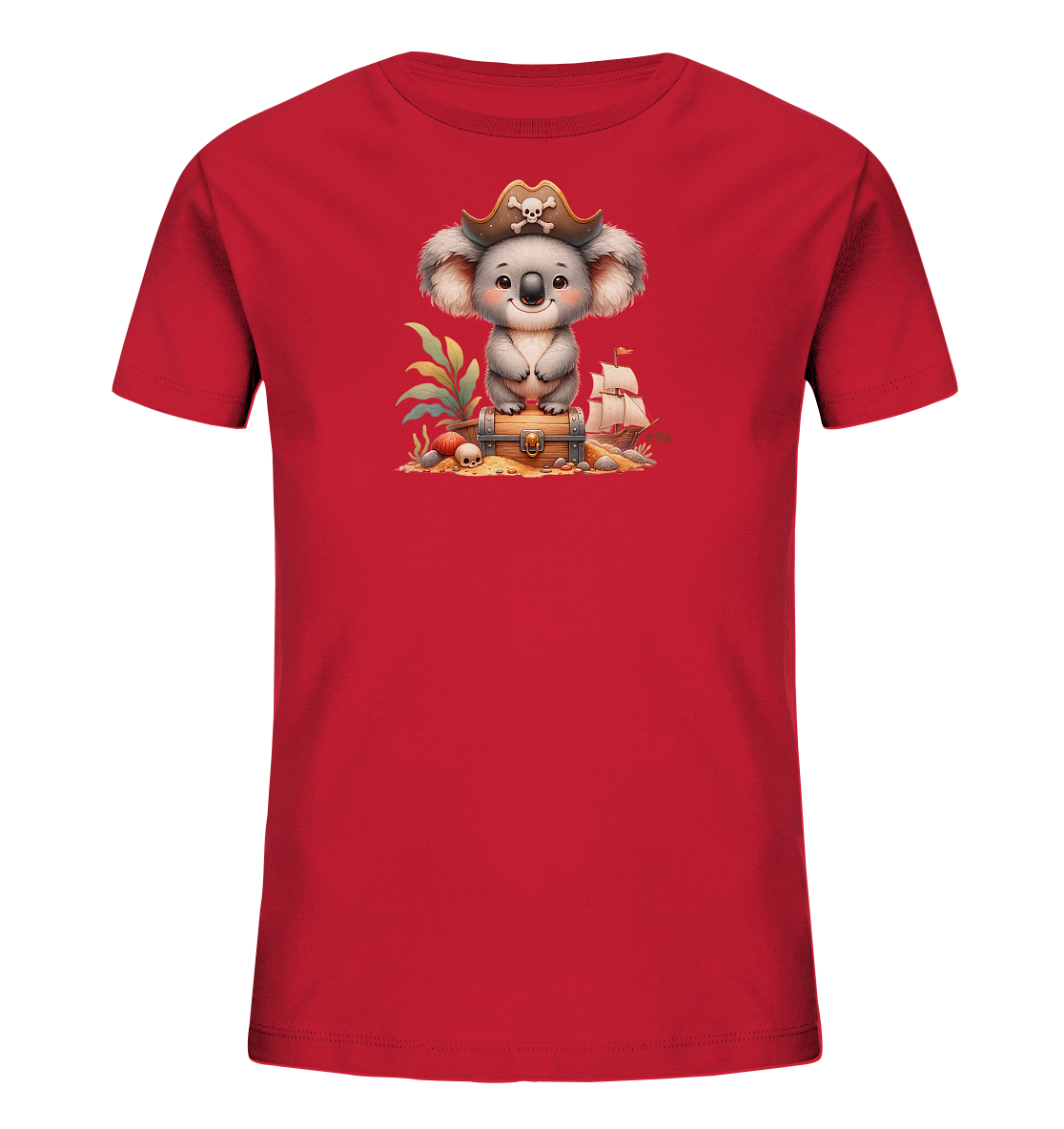 Onlineshop Shirts fuer Kinder - Das Bild zeigt ein leuchtend rotes T-Shirt mit einem detailreichen Motiv auf der Vorderseite. Zu sehen ist ein niedlicher Koala, der einen Piratenhut traegt und auf einer Schatzkiste sitzt. Die Szene ist in einer tropischen Strandumgebung mit Palmen, Muscheln und einem Segelschiff im Hintergrund angesiedelt. Das Design ist verspielt und ansprechend fuer Kinder.