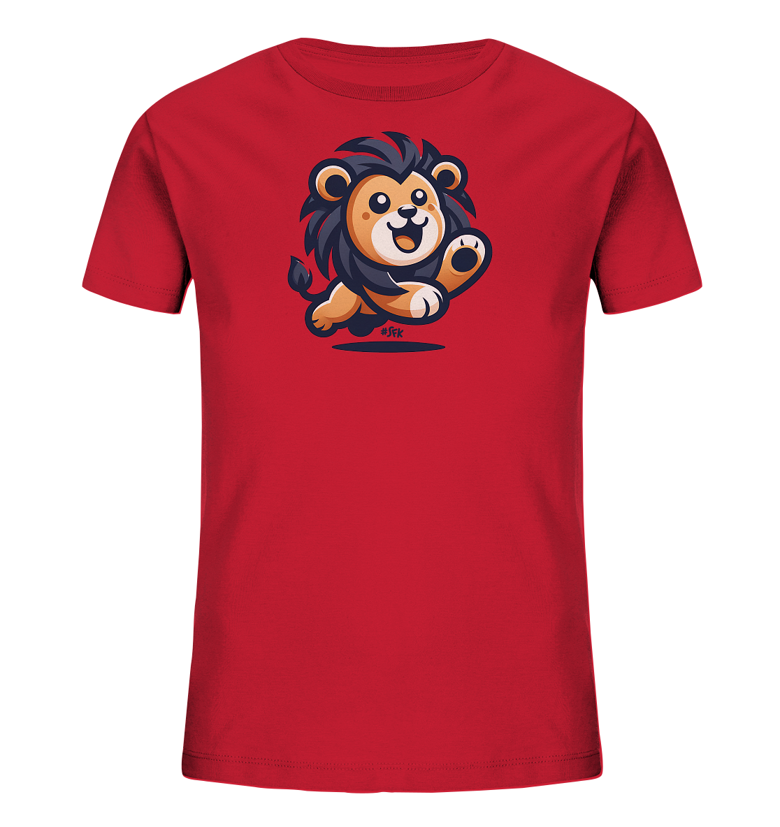 Onlineshop Shirts fuer Kinder - Das Bild zeigt ein rotes T-Shirt fuer Kinder mit einem froehlichen Loewen-Motiv auf der Vorderseite. Der Loewe ist im Cartoon-Stil dargestellt, mit gelbem Fell, dunkler Maehne und einem breiten Laecheln. Er scheint zu springen oder zu rennen, wobei eine Pfote erhoben ist. Das Design ist lebhaft und kindgerecht gestaltet.