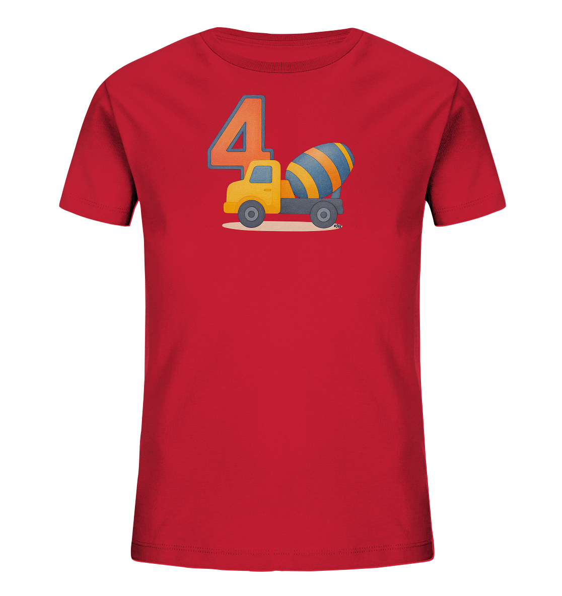 Onlineshop Shirts fuer Kinder - Dieses rote T-Shirt fuer Kinder zeigt eine bunte Grafik auf der Vorderseite. Abgebildet ist die Zahl '4' in orange-blau und ein gelber Betonmischer-LKW mit blau-gelber Trommel. Das Design ist freundlich und detailreich gestaltet und spricht kleine Bau-Fans an. Es eignet sich ideal fuer Kinder, die ihren vierten Geburtstag feiern.