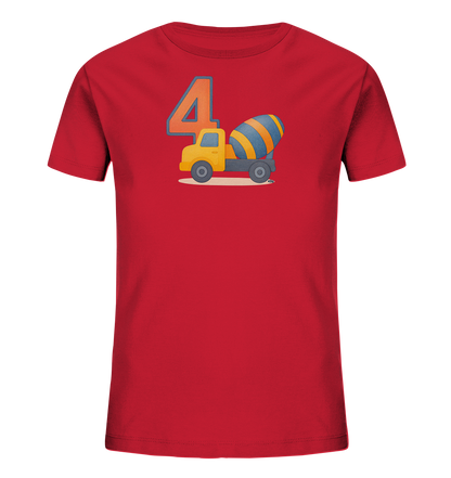 Onlineshop Shirts fuer Kinder - Dieses rote T-Shirt fuer Kinder zeigt eine bunte Grafik auf der Vorderseite. Abgebildet ist die Zahl '4' in orange-blau und ein gelber Betonmischer-LKW mit blau-gelber Trommel. Das Design ist freundlich und detailreich gestaltet und spricht kleine Bau-Fans an. Es eignet sich ideal fuer Kinder, die ihren vierten Geburtstag feiern.