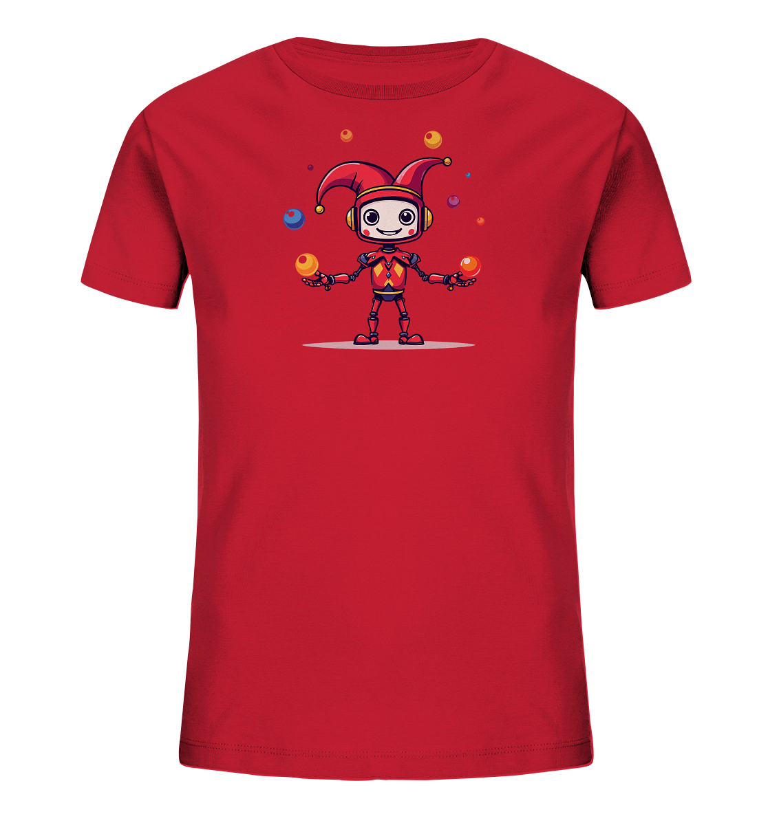 Onlineshop Shirts für Kinder - Das Bild zeigt ein rotes T-Shirt für Kinder, bedruckt mit einer farbigen Grafik auf der Vorderseite. Die Grafik stellt einen freundlichen Roboter dar, der als Hofnarr gekleidet ist und mit mehreren bunten Bällen jongliert. Der Roboter trägt einen roten Narrenhut, hat Kopfhörer auf und ein lächelndes Gesicht. Das Design wirkt verspielt und dynamisch, passend für Kinderbekleidung.