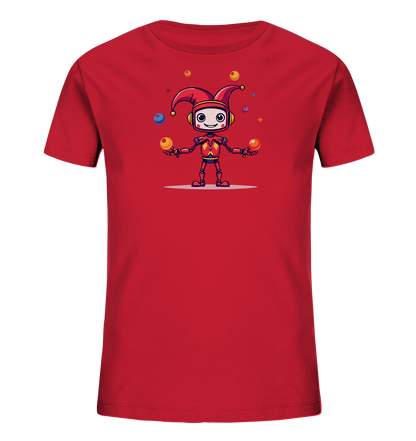 Onlineshop Shirts für Kinder - Das Bild zeigt ein rotes T-Shirt für Kinder, bedruckt mit einer farbigen Grafik auf der Vorderseite. Die Grafik stellt einen freundlichen Roboter dar, der als Hofnarr gekleidet ist und mit mehreren bunten Bällen jongliert. Der Roboter trägt einen roten Narrenhut, hat Kopfhörer auf und ein lächelndes Gesicht. Das Design wirkt verspielt und dynamisch, passend für Kinderbekleidung.