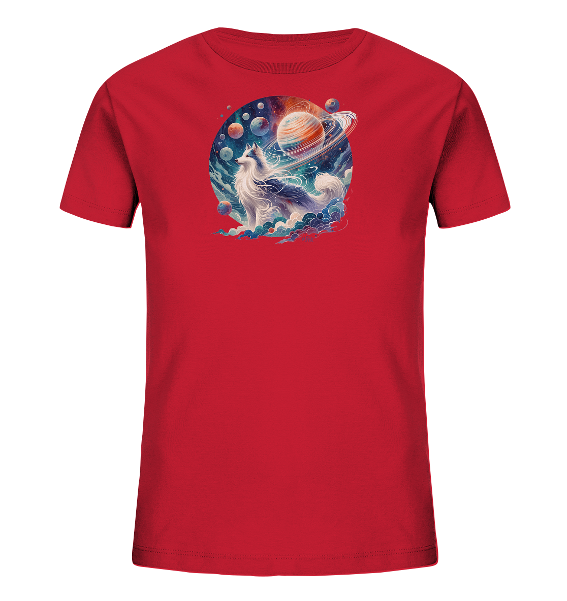 Onlineshop Shirts fuer Kinder - Das Bild zeigt ein rotes Kinder-T-Shirt mit einem auffaelligen, runden Druck auf der Vorderseite. Der Druck zeigt eine mystische Kreatur, aehnlich einem Wolf, umgeben von Wolken. Im Hintergrund sind Planeten, Ringe und Sterne in einem galaktischen Himmel zu sehen. Dieses Design kombiniert Elemente aus Natur und Weltraum zu einem fantastischen Motiv.