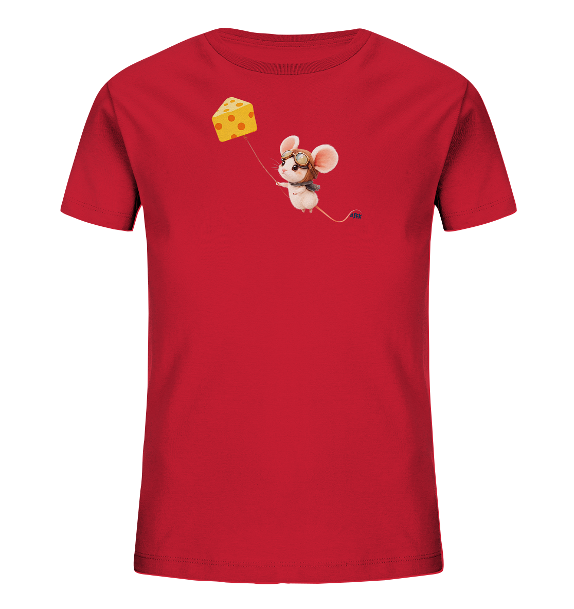 Onlineshop Shirts fuer Kinder - Das Bild zeigt ein leuchtend rotes T-Shirt fuer Kinder mit einem einzigartigen Motiv auf der Vorderseite. Eine niedliche Maus, ausgestattet mit Fliegerbrille und Muetze, schwebt elegant in der Luft. Sie haelt einen Faden, der an einem grossen Stueck gelben Kaeses befestigt ist, welches wie ein Ballon dient. Das verspielte und fantasievolle Design verleiht dem T-Shirt einen abenteuerlichen Charakter.