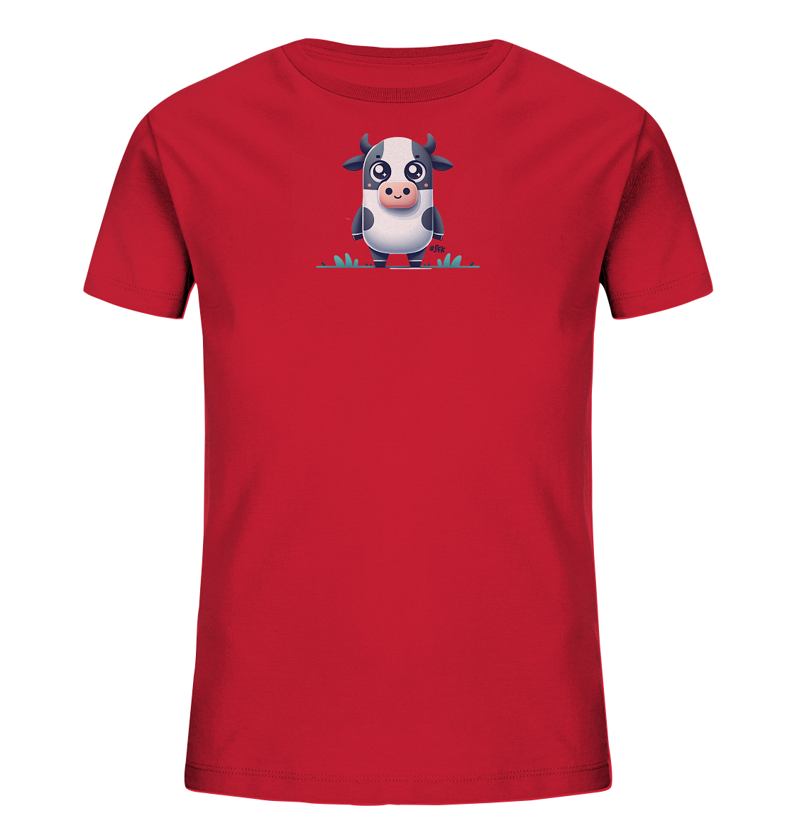 Onlineshop Shirts fuer Kinder - Das Bild zeigt ein leuchtend rotes Kinder-T-Shirt. Auf der Vorderseite befindet sich eine niedliche Cartoon-Illustration einer Kuh. Die Kuh ist schwarz-weiss mit freundlichen Augen und steht auf gruenem Gras. Dieses Design verleiht dem Shirt einen verspielten und ansprechenden Charakter.