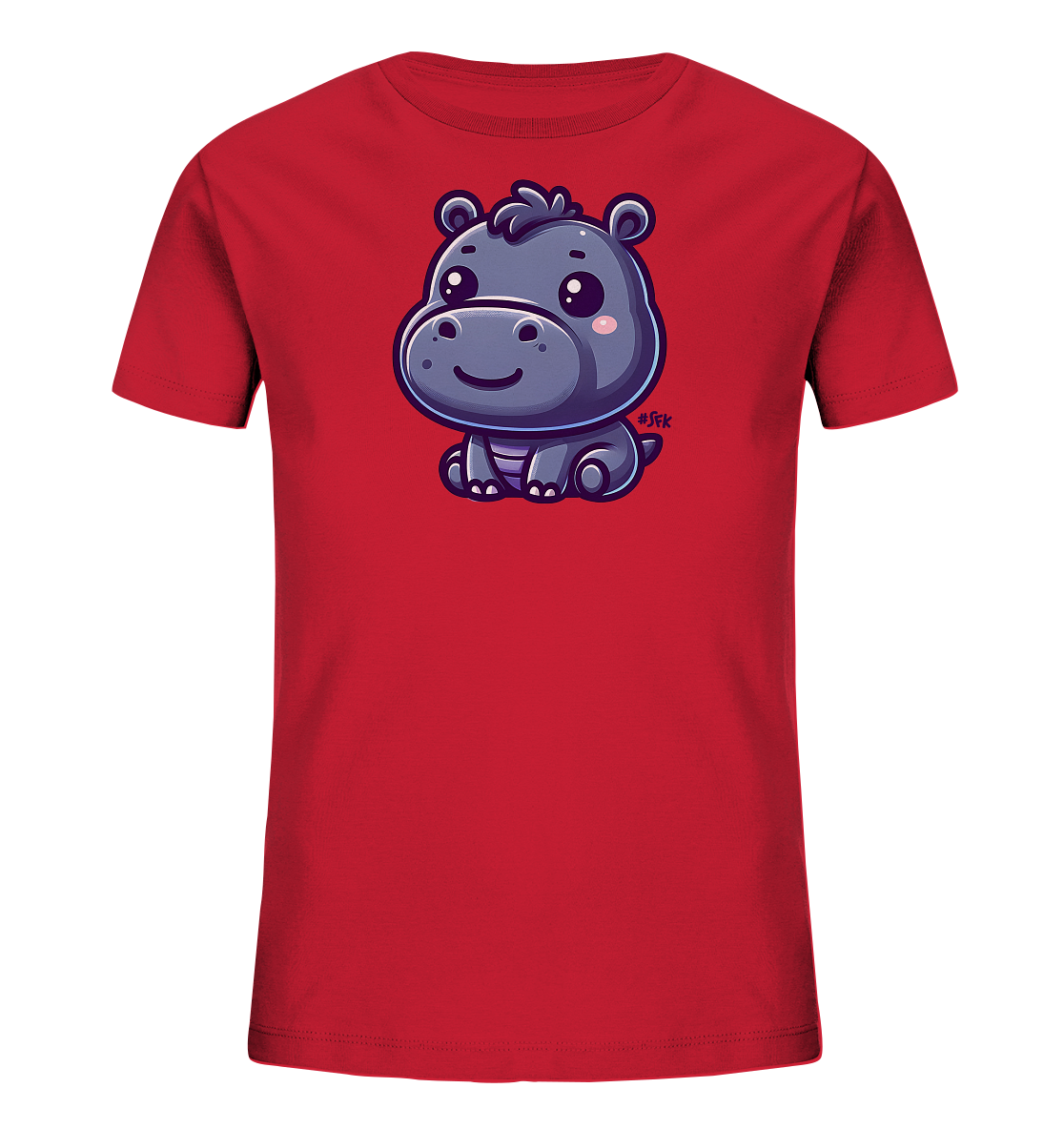 Onlineshop Shirts fuer Kinder - Das Bild zeigt ein rotes Kinder-T-Shirt mit einem suessen Cartoon-Nilpferd-Motiv auf der Vorderseite. Das Nilpferd sitzt laechelnd in der Mitte des Shirts und ist in einem Lila-Grau-Ton dargestellt. Es hat grosse Augen und rosige Wangen, was dem Design einen freundlichen Ausdruck verleiht. Das schlichte T-Shirt hebt das verspielte Motiv hervor.