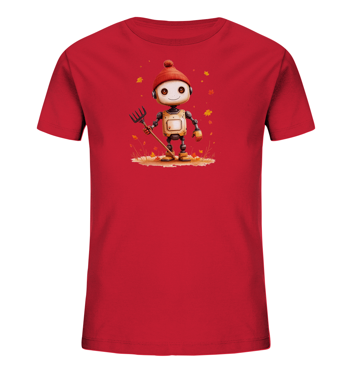 Onlineshop Shirts für Kinder - Das Bild zeigt ein rotes T-Shirt für Kinder mit einem farbenfrohen Druck auf der Vorderseite. Der Druck stellt einen freundlichen, kleinen Roboter dar, der eine orangefarbene Strickmütze trägt und einen Rechen in den Händen hält. Der Roboter steht auf einem Untergrund, der mit herbstlichen Blättern bedeckt ist, und weitere Blätter fallen um ihn herum. Das Design ist detailliert und vermittelt eine herbstliche Atmosphäre.
