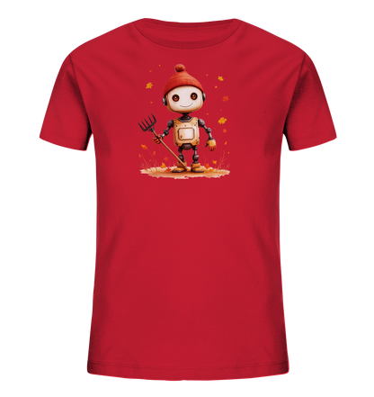 Onlineshop Shirts für Kinder - Das Bild zeigt ein rotes T-Shirt für Kinder mit einem farbenfrohen Druck auf der Vorderseite. Der Druck stellt einen freundlichen, kleinen Roboter dar, der eine orangefarbene Strickmütze trägt und einen Rechen in den Händen hält. Der Roboter steht auf einem Untergrund, der mit herbstlichen Blättern bedeckt ist, und weitere Blätter fallen um ihn herum. Das Design ist detailliert und vermittelt eine herbstliche Atmosphäre.