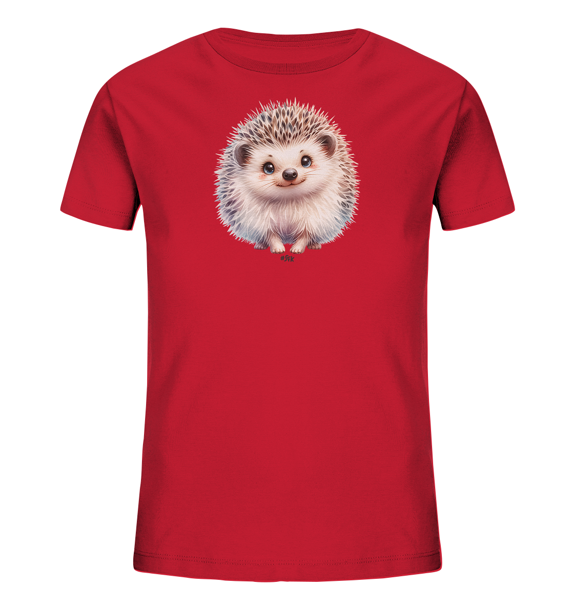 Onlineshop Shirts fuer Kinder - Das Bild zeigt ein leuchtend rotes T-Shirt fuer Kinder. Auf der Vorderseite ist eine detaillierte Illustration eines niedlichen Igels zu sehen. Der Igel hat grosse Augen, ein sanftes Laecheln und helle Stacheln, was ihm ein freundliches Aussehen verleiht. Das Design ist zentral auf dem Shirt platziert und ansprechend gestaltet.