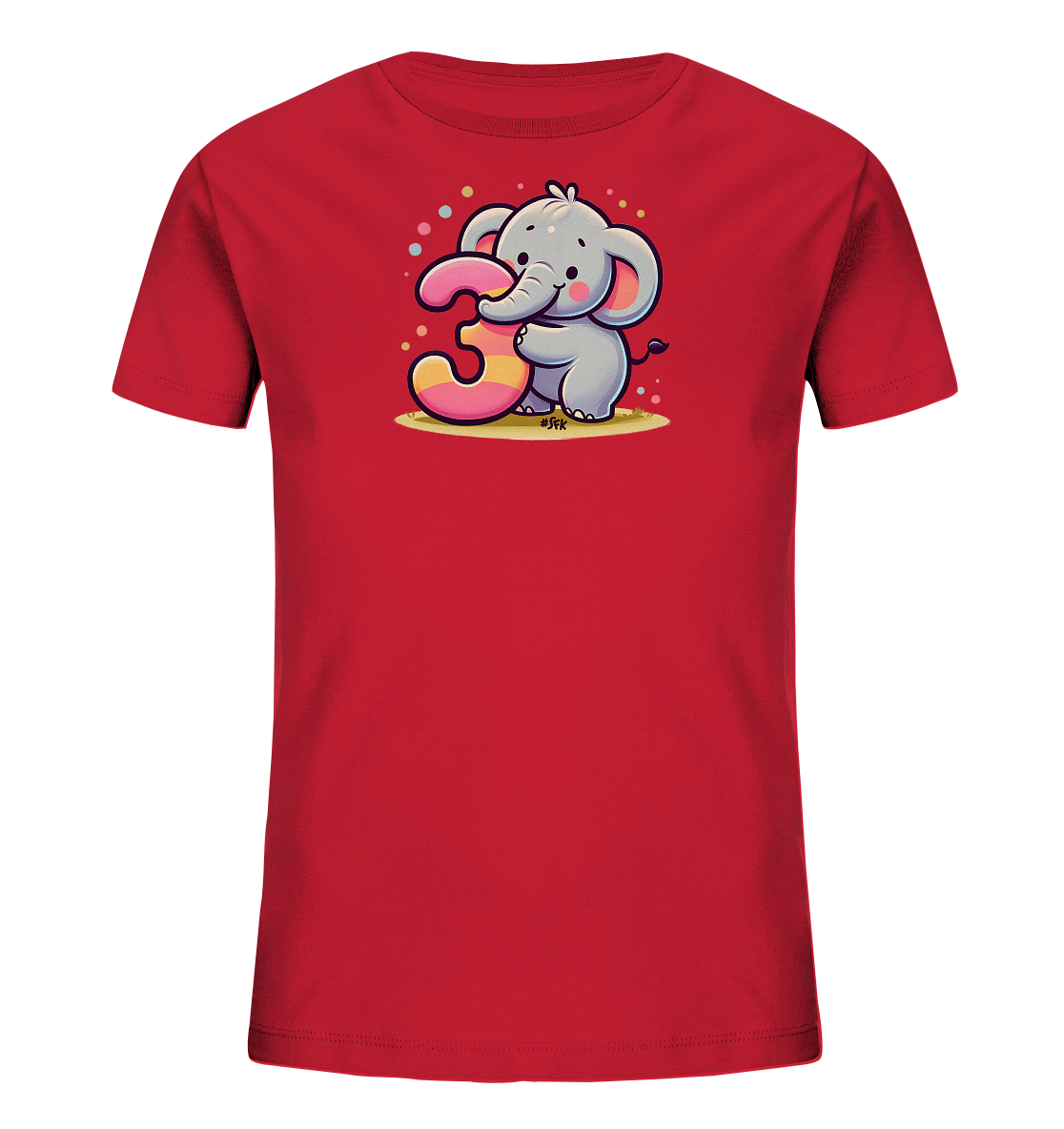Onlineshop Shirts fuer Kinder - Das Bild zeigt ein rotes Kinder-T-Shirt mit einem liebevollen Motiv eines kleinen Elefanten. Der freundliche Elefant haelt eine grosse, gestreifte Zahl Drei fest. Das Design wird von bunten Konfettipunkten umrahmt, die fuer eine festliche Atmosphaere sorgen. Dieses verspielte Motiv ist ideal fuer einen dritten Geburtstag.