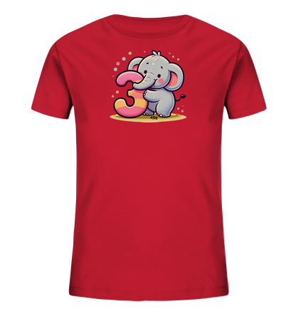Onlineshop Shirts fuer Kinder - Das Bild zeigt ein rotes Kinder-T-Shirt mit einem liebevollen Motiv eines kleinen Elefanten. Der freundliche Elefant haelt eine grosse, gestreifte Zahl Drei fest. Das Design wird von bunten Konfettipunkten umrahmt, die fuer eine festliche Atmosphaere sorgen. Dieses verspielte Motiv ist ideal fuer einen dritten Geburtstag.