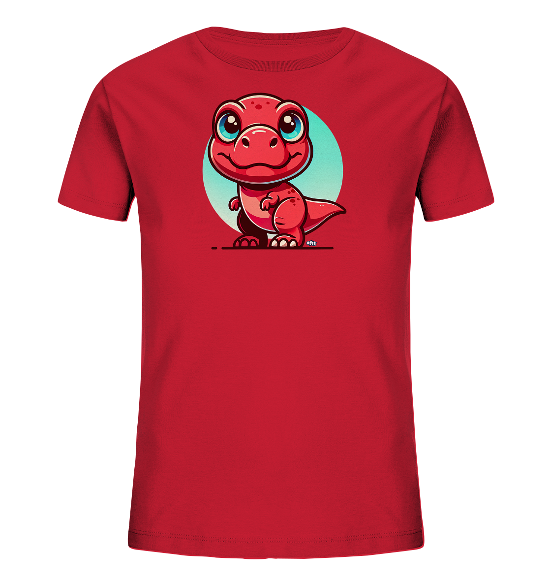 Onlineshop Shirts für Kinder - Das Bild zeigt ein leuchtend rotes T-Shirt für Kinder, das auf der Vorderseite mit einer niedlichen Grafik bedruckt ist. Im Zentrum des Designs befindet sich ein kleiner, roter Cartoon-Dinosaurier mit großen blauen Augen und einem freundlichen Lächeln. Der Dino steht auf einer schwarzen Linie vor einem hellblauen Kreis, der als Hintergrund dient. Die Illustration ist klar und farbenfroh, was das T-Shirt zu einem attraktiven Kleidungsstück für Kinder macht.