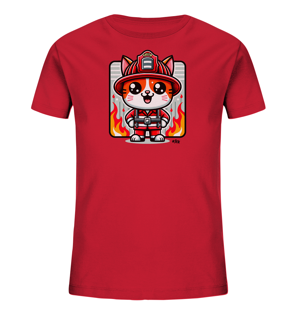 Onlineshop Shirts fuer Kinder - Das Bild zeigt ein leuchtend rotes Kinder-T-Shirt mit einem einzigartigen Aufdruck auf der Vorderseite. Das Motiv stellt eine niedliche, cartoonhafte Katze in einer kompletten Feuerwehrmaenner-Uniform dar. Die Katze traegt einen roten Helm und steht vor einem Hintergrund mit stilisierten Flammen. Dieses Design verleiht dem Shirt einen mutigen und verspielten Look.