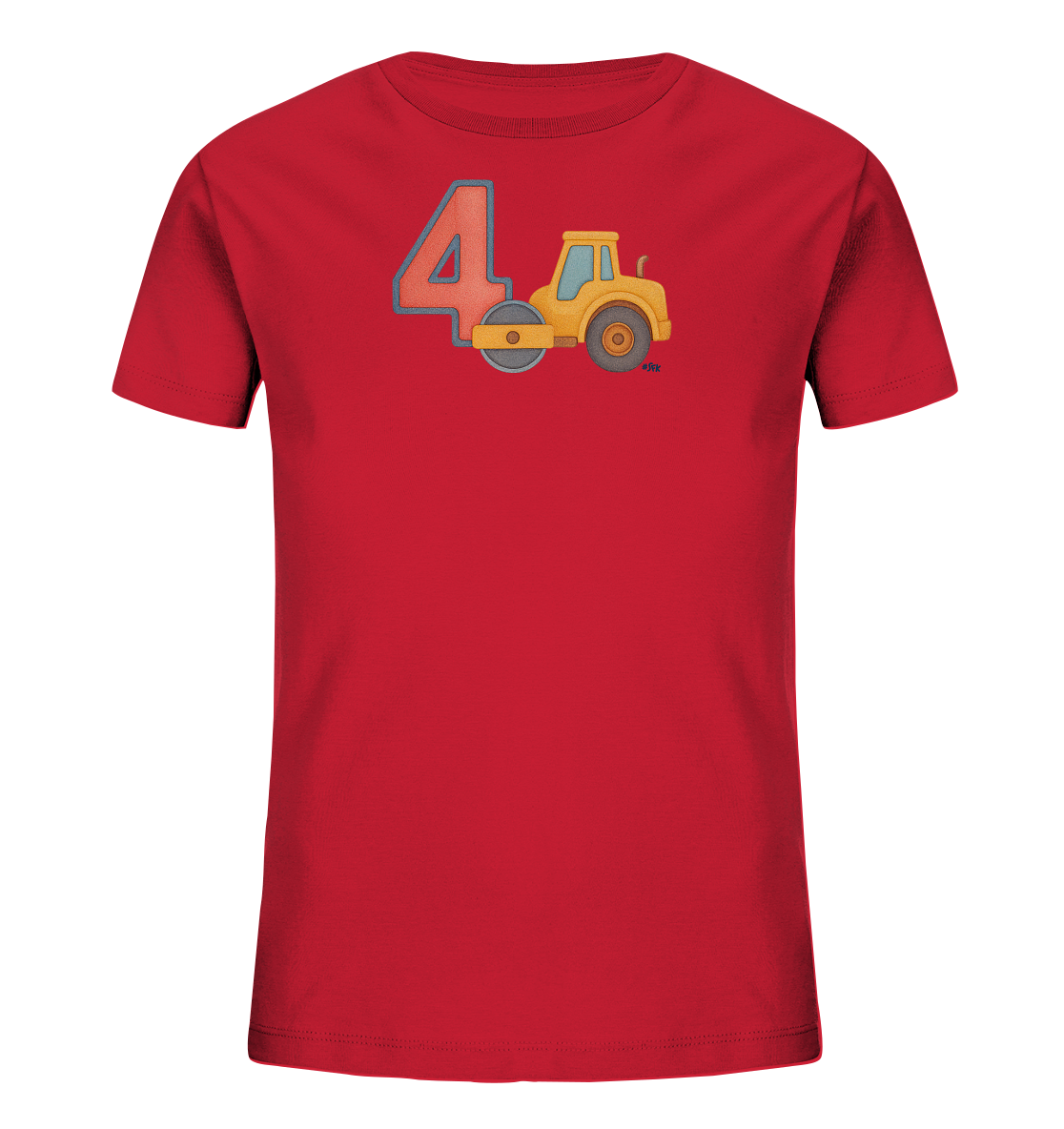 Onlineshop Shirts fuer Kinder - Das Bild zeigt ein rotes Kinder-T-Shirt mit einem farbenfrohen Aufdruck auf der Vorderseite. Das Design umfasst die grosse Zahl '4' in Rot mit blauer Umrandung. Daneben ist eine gelbe Strassenwalze abgebildet. Dieses Motiv verleiht dem Shirt einen verspielten und thematisch passenden Charakter fuer Kinder.