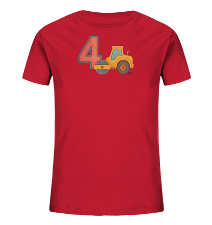 Onlineshop Shirts fuer Kinder - Das Bild zeigt ein rotes Kinder-T-Shirt mit einem farbenfrohen Aufdruck auf der Vorderseite. Das Design umfasst die grosse Zahl '4' in Rot mit blauer Umrandung. Daneben ist eine gelbe Strassenwalze abgebildet. Dieses Motiv verleiht dem Shirt einen verspielten und thematisch passenden Charakter fuer Kinder.