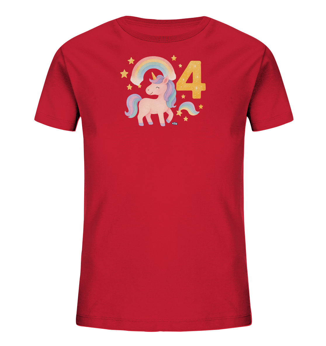 Onlineshop Shirts fuer Kinder - Das Bild zeigt ein rotes Kinder-T-Shirt mit einem farbenfrohen Aufdruck auf der Vorderseite. Der Aufdruck zeigt ein suesses Einhorn neben einer leuchtenden Zahl '4'. Über dem Einhorn spannt sich ein Regenbogen, umgeben von gelben Sternen. Das Design ist verspielt und froehlich.