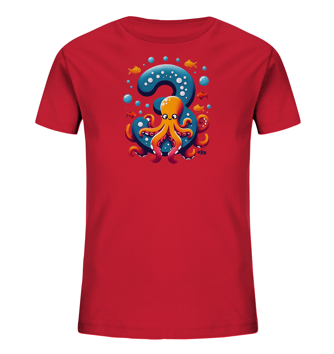 Onlineshop Shirts fuer Kinder - Das Bild zeigt ein rotes Kinder-T-Shirt mit einem farbenfrohen Unterwassermotiv. Ein orangefarbener Oktopus mit freundlichem Gesicht schlingt seine Tentakel um die grosse blaue Zahl '3', die mit Blasen verziert ist. Rundherum schwimmen kleine gelbe Fische und weitere Blasen ergaenzen das Design. Das gesamte Motiv wirkt verspielt und froehlich.