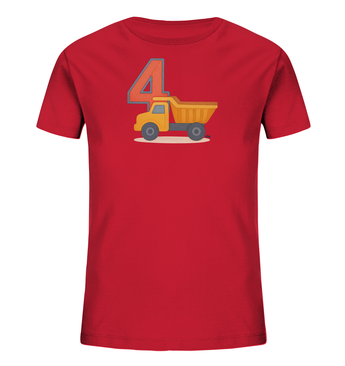 Onlineshop Shirts fuer Kinder - Das Bild zeigt ein rotes Kinder T-Shirt mit einem grossen Druck auf der Vorderseite. Der Druck besteht aus der Zahl "4" und einem gelben Spielzeug-Muldenkipper darunter. Die Grafik ist im Cartoon-Stil gehalten und ideal fuer Kinder, moeglicherweise zum vierten Geburtstag. Das Design ist klar und steht im Mittelpunkt.