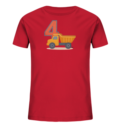Onlineshop Shirts fuer Kinder - Das Bild zeigt ein rotes Kinder T-Shirt mit einem grossen Druck auf der Vorderseite. Der Druck besteht aus der Zahl "4" und einem gelben Spielzeug-Muldenkipper darunter. Die Grafik ist im Cartoon-Stil gehalten und ideal fuer Kinder, moeglicherweise zum vierten Geburtstag. Das Design ist klar und steht im Mittelpunkt.
