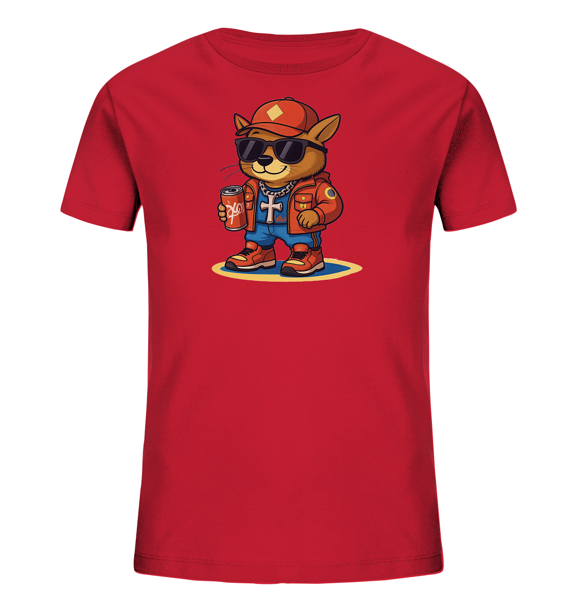 Onlineshop Shirts fuer Kinder - Das Bild zeigt ein rotes Kinder-T-Shirt mit einem zentral platzierten Motiv. Es stellt ein laessig gekleidetes Tier dar, das eine rote Baseballkappe, Sonnenbrille und eine orangefarbene Jacke traegt. Das Tier haelt eine Dose in der Hand und ist mit einer Kette mit Kreuzanhaenger versehen. Dieses Design verleiht dem Shirt einen modernen und individuellen Stil.