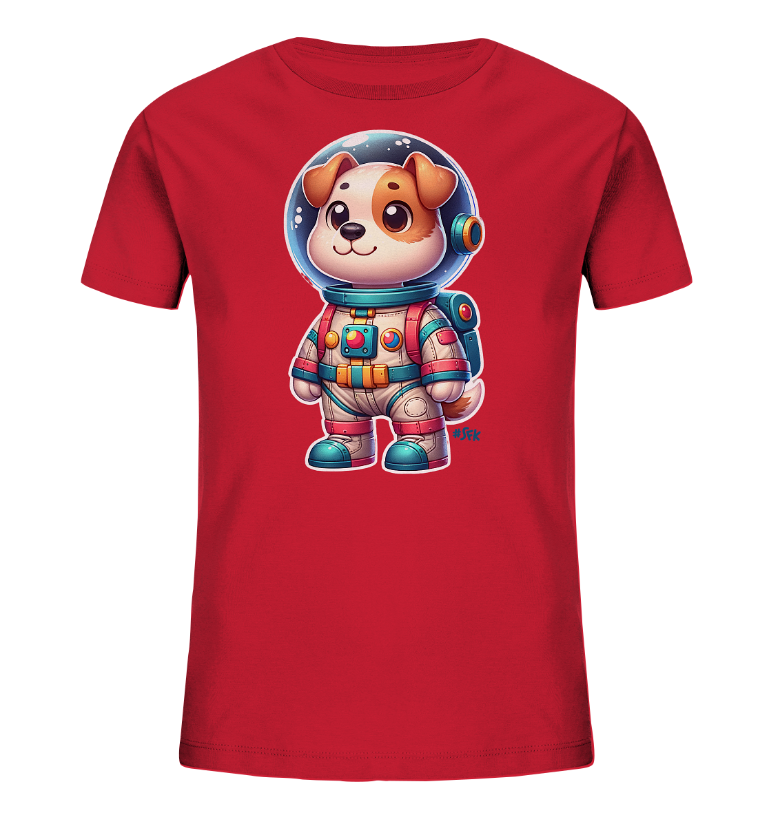 Onlineshop Shirts fuer Kinder - Das Bild zeigt ein rotes T-Shirt mit einem Druck eines niedlichen Cartoon-Hundes in einem detaillierten Astronautenanzug. Der Hund hat braun-weisses Fell und traegt einen weissen Anzug mit blauen, roten und gelben Akzenten sowie einen transparenten Helm und Kopfhoerer. Das Design ist farbenfroh und spricht kleine Weltraumfans an.
