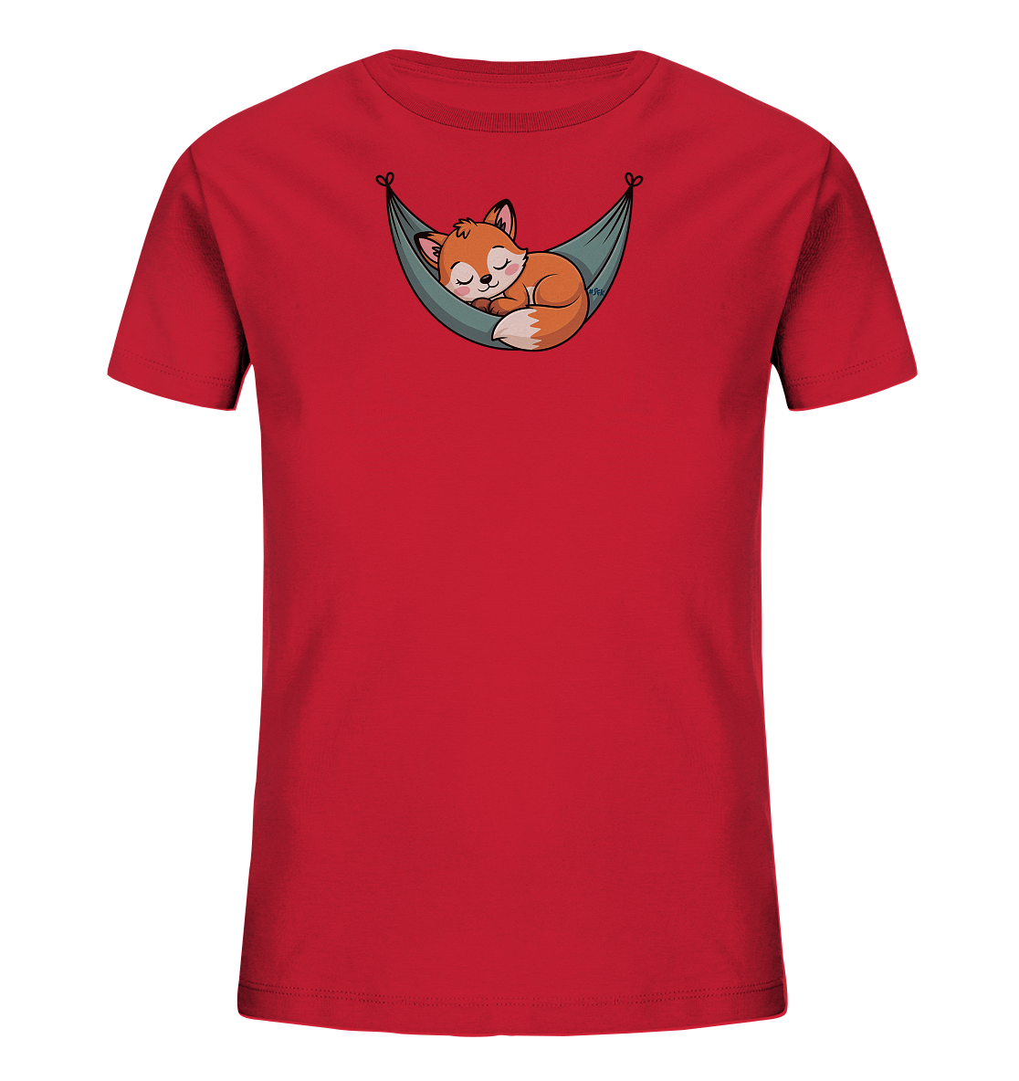 Onlineshop Shirts fuer Kinder - Das Bild zeigt ein rotes Kinder-T-Shirt mit einem niedlichen Motiv eines schlafenden Fuchses. Der Fuchs liegt eingerollt in einer Haengematte, die an beiden Enden mit kleinen Herzformen befestigt ist. Das Design wirkt ruhig und gemuetlich, ideal fuer ein verspieltes Kinderoutfit.
