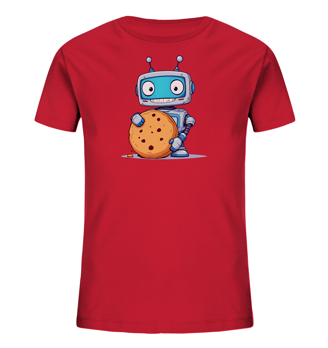 Onlineshop Shirts für Kinder - Das Bild zeigt ein rotes Kinder-T-Shirt mit einem lustigen Druck auf der Vorderseite. Abgebildet ist ein cartoonhafter, blauer und grauer Roboter mit großen Augen und Antennen. Der Roboter hält einen sehr großen, runden Schokoladenkeks mit Chip-Stücken in seinen Händen. Die Illustration ist farbenfroh und kindgerecht gestaltet und verleiht dem Shirt einen verspielten Look.