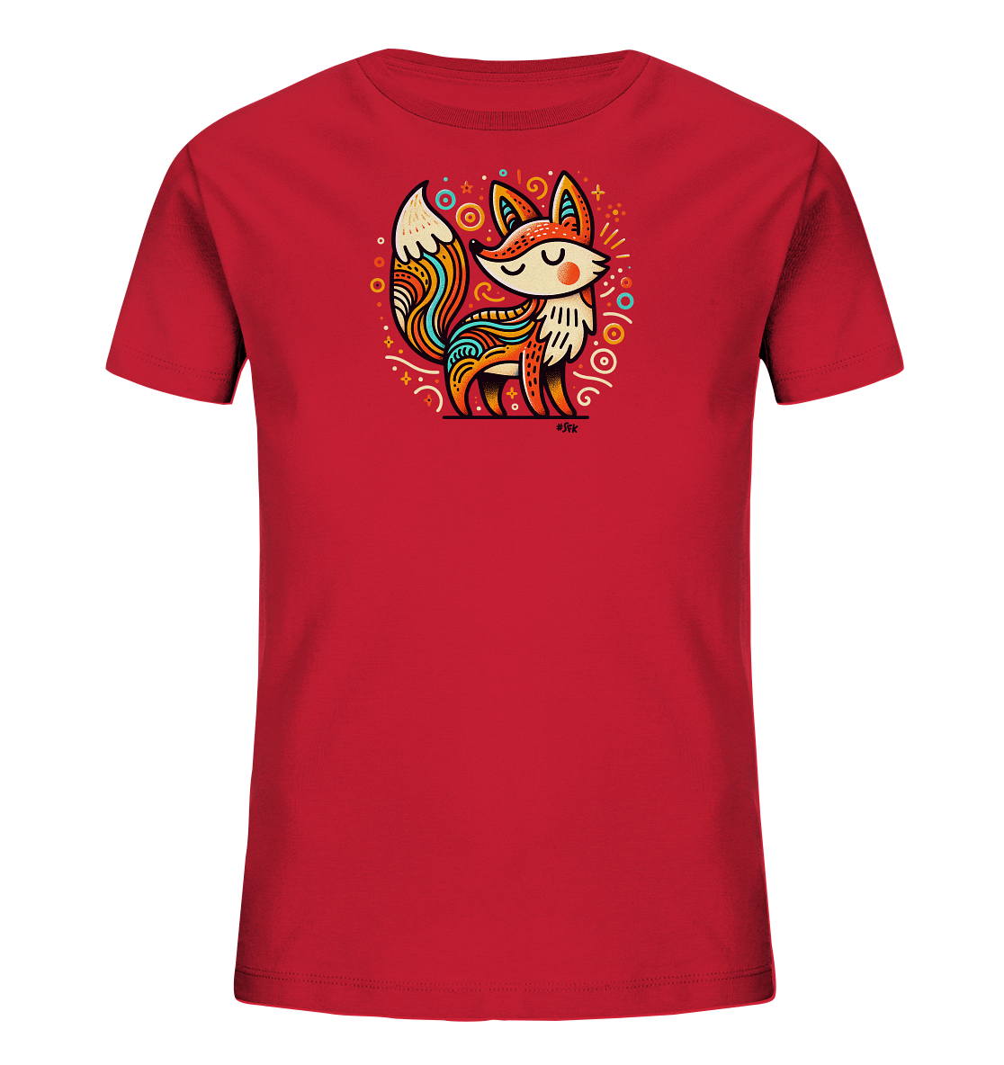 Onlineshop Shirts fuer Kinder - Das Bild zeigt ein rotes Kinder-T-Shirt mit einer detaillierten Illustration eines Fuchses. Der Fuchs ist in einem dekorativen Stil gestaltet, mit bunten Mustern auf Koerper und Schwanz in Orange-, Gelb- und Blautoenen. Er sitzt ruhig in einem Kreis mit passenden abstrakten Elementen und geschlossenen Augen. Das Design wirkt verspielt und kunstvoll.