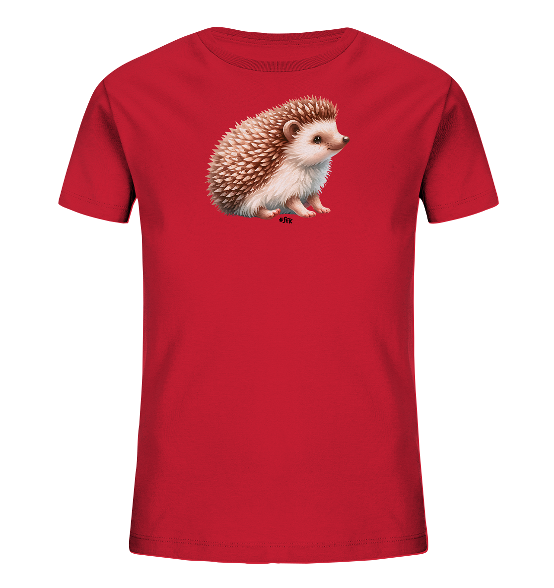 Onlineshop Shirts fuer Kinder - Das Bild zeigt ein rotes Kinder T-Shirt. Auf der Vorderseite ist eine detaillierte Illustration eines kleinen Igels zu sehen. Der Igel sitzt und blickt nach rechts, seine Stacheln sind braun und weiss dargestellt. Das Motiv ist mittig auf dem Shirt platziert.